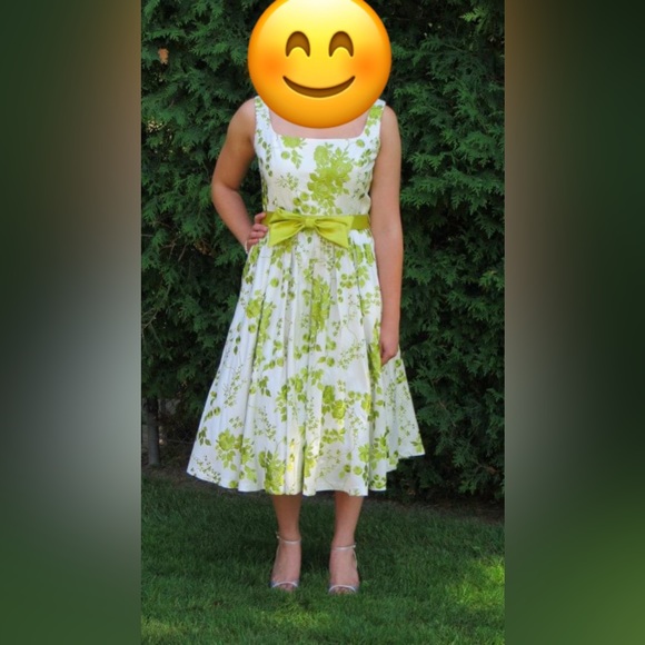 Ross Mayer raw silk white and green tea length cocktail dress - Picture 7 of 10